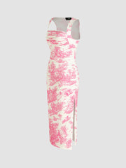 Toile de Jouy Ruched Split Maxi Dress