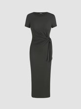 Round Neckline Bowknot Solid Split Midi Dress