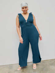V-neck Knotted Ruched Knitted Slit Wide Leg Jumpsuit Curve & Plus