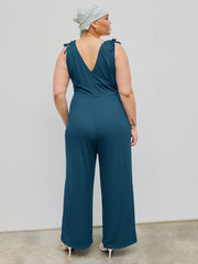 V-neck Knotted Ruched Knitted Slit Wide Leg Jumpsuit Curve & Plus