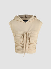 Solid Terry Round Neckline Drawstring Ruched Crop Hoodie