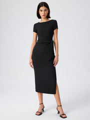 Round Neckline Bowknot Solid Split Midi Dress