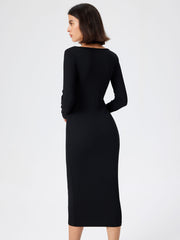 Solid Square Neck Long Sleeve Midi Dress