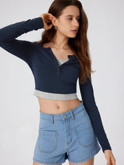Jersey V-neck Two Layers Solid Long Sleeve Tee