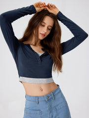 Jersey V-neck Two Layers Solid Long Sleeve Tee