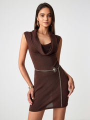 Knit Multi-way Solid Cowl Neck Mini Dress With Sun Decor Waist Chain