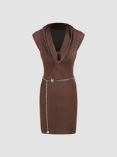 Knit Multi-way Solid Cowl Neck Mini Dress With Sun Decor Waist Chain