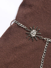 Knit Multi-way Solid Cowl Neck Mini Dress With Sun Decor Waist Chain