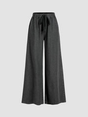Leslie Denim High Waist Solid Tie Front Wide Leg Trousers