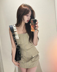 Solid Cargo Zip Up Mini Dress