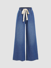 Leslie Denim High Waist Solid Tie Front Wide Leg Trousers