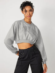 Terry Round Neckline Graphic Crop Sweatshirt
