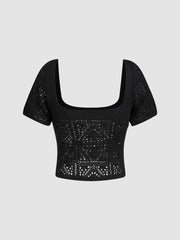 Knit Square Neck Hollow Out Short Sleeve Crop Top