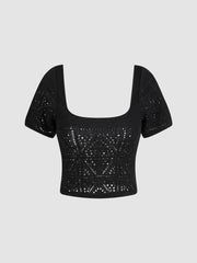 Knit Square Neck Hollow Out Short Sleeve Crop Top