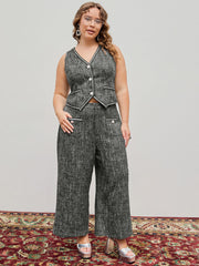 Tweed Mid Waist Solid Button Wide Leg Trousers Curve & Plus