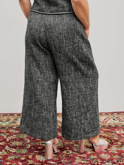 Tweed Mid Waist Solid Button Wide Leg Trousers Curve & Plus