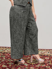 Tweed Mid Waist Solid Button Wide Leg Trousers Curve & Plus