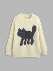 Wool-blend Round Neckline Cat Knitted Long Sleeve Sweater