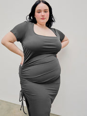 Square Neck Ruched Drawstring Split Midi Dress Curve & Plus