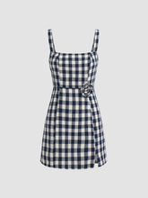 Square Neck Rosette Check Split Mini Dress