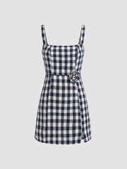 Square Neck Rosette Check Split Mini Dress
