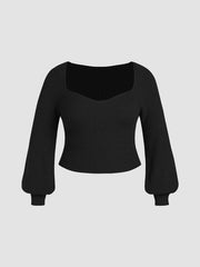 Knit V-neck Solid Lantern Sleeve Top Curve & Plus