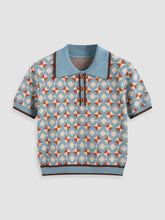 Knit Collar Geometric Button Short Sleeve Top