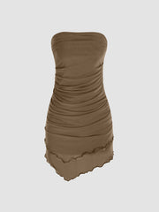 Solid Knit Fabric Ruffle Ruched Tube Mini Dress