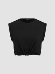 Solid Round Neckline Twist Short Sleeve Crop Top Curve & Plus