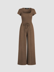 U-neckline Bodysuit & Elastic Waist Wide Leg Pants Set