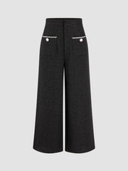Tweed Mid Waist Solid Button Wide Leg Cropped Trousers