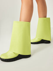Bold embossed Faux Leather Platform Wedge Fold-over Boots