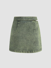Denim High Waist Washed Cut Out Mini Skirt