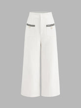 Tweed Mid Waist Solid Button Wide Leg Cropped Trousers