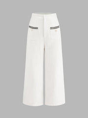 Tweed Mid Waist Solid Button Wide Leg Cropped Trousers