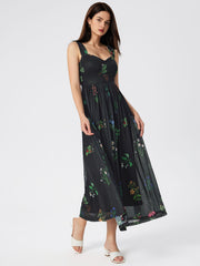 Square Neck Floral Mesh Maxi Dress