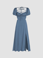 Satin Knotted Puff Sleeve Split Midi Dress
