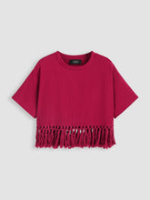 Solid Round Neckline Tassel Short Sleeve Top