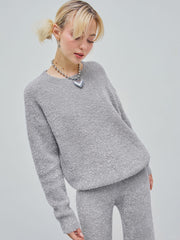 Round Neck Fuzzy Zip Metallic Knitted Sweater