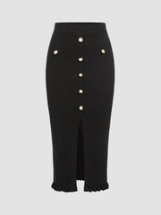Mid Waist Solid Split Knit Midi Skirt