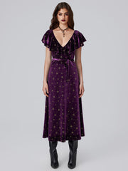 Velvet V-neck Star Ruffle Tie Back Midi Dress