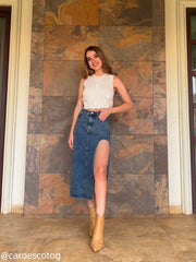Denim Solid Split Midi Skirt
