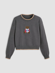 Round Neckline Graphic Bear Long Sleeve Sweater