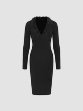 Knitted Sweetheart Fuzzy Trim Midi Dress