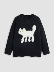 Wool-blend Round Neckline Cat Knitted Long Sleeve Sweater