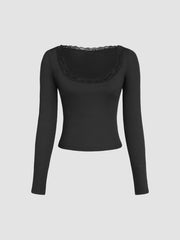 U-neck Solid Lace Long Sleeve Tee