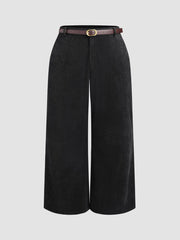 Corduroy Middle Waist Pocket Straight Leg Trousers With Belt Curve & Plus