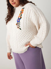 Knit Stand Collar 3D Flower Long Sleeve Sweater Curve & Plus