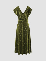 Velvet V-neck Star Ruffle Tie Back Midi Dress