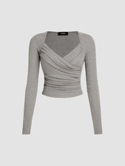 V-neck Solid Long Sleeve Top